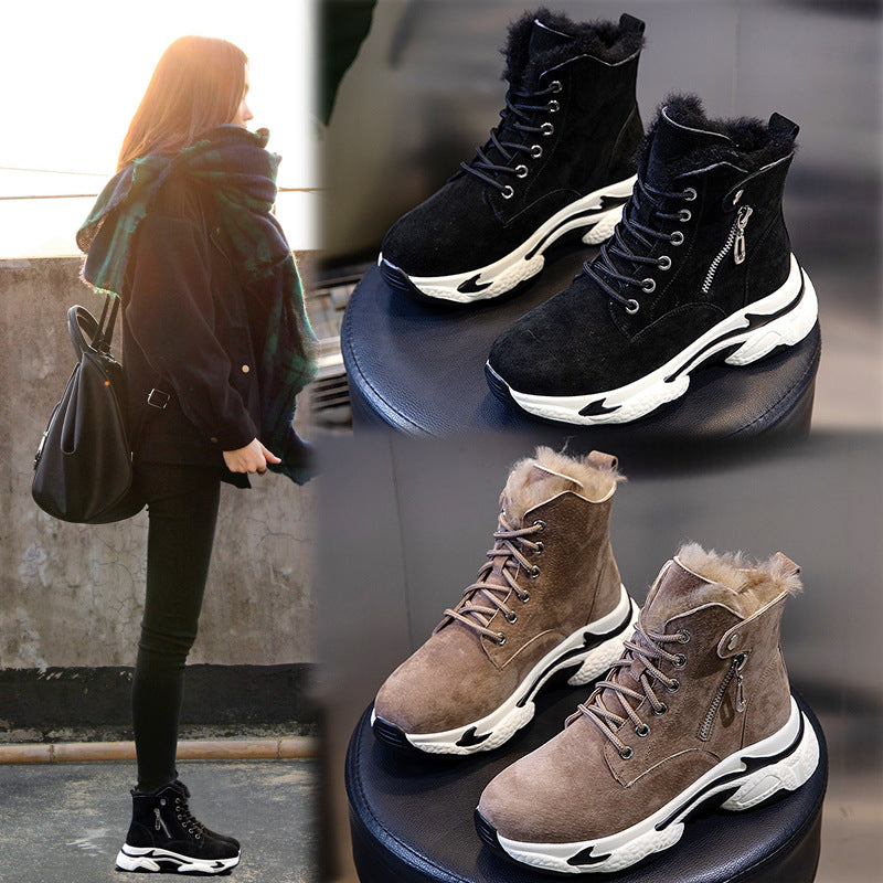 Winter Mid Tube Thick Soled Leather Ankle Boots