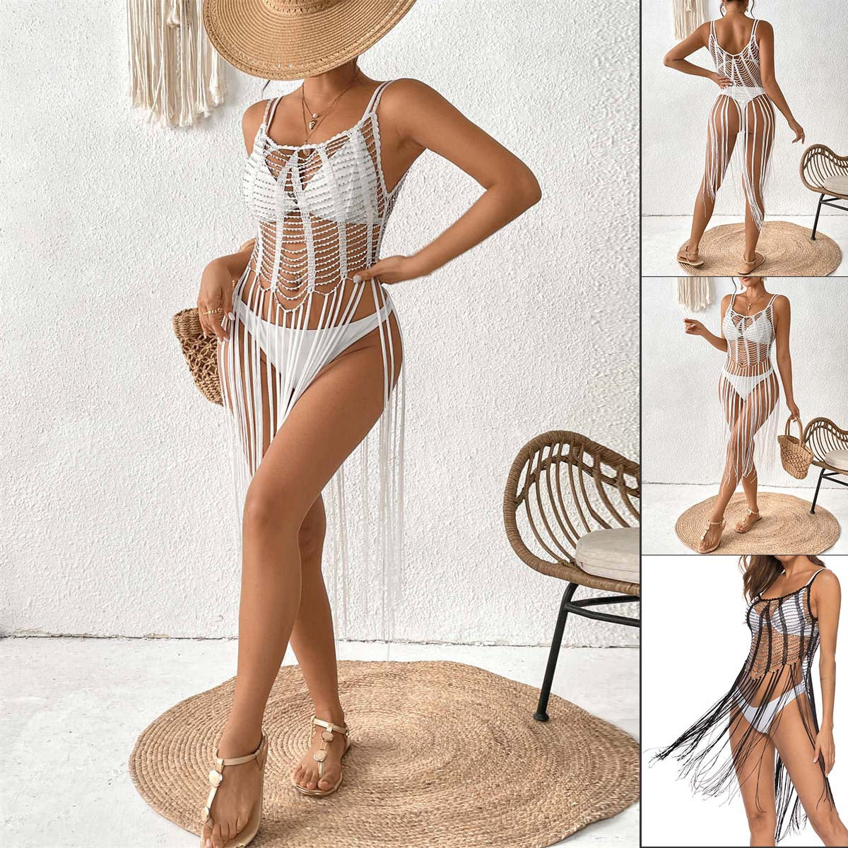 Hollowed-out Cover Skirt Short Skirt Strapless Dress Beaded Shirt Swimwear Sexy Beach Cover-up
