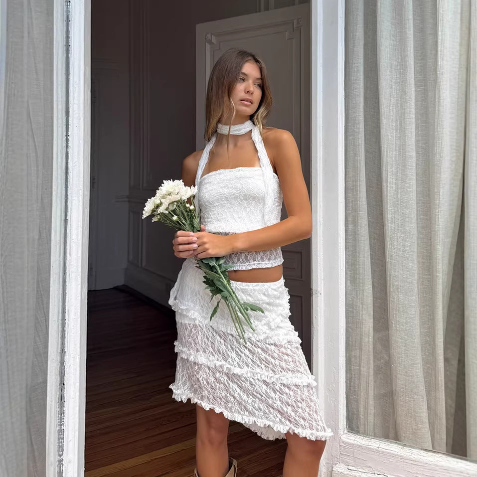 Pure And Seductive White Lace Tube Top And Waist-Cinching Set