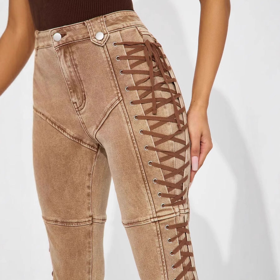 European And American Fashion Women's Wear Bandage Drawstring Hot Girl Jeans