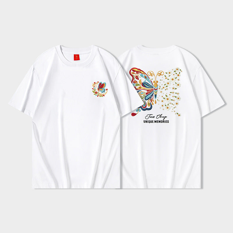Kortærmet T-shirt Sommerfugl Lysskiftende Broderi Kinesisk Stil