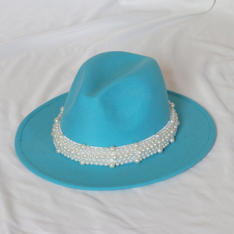 Handmade Pearl Top Hat Big Brim Fur Felt Hat
