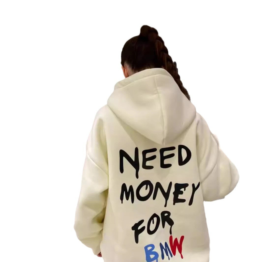 Hooded Sweater Simple Style Design Letter Print Loose All-matching Top