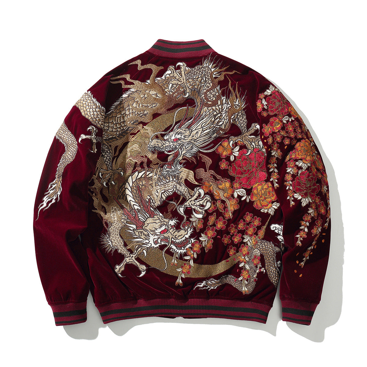 Embroidered Dragon Mens Casual Baseball Jacket With Two Dragons Playing With A Pearl Design