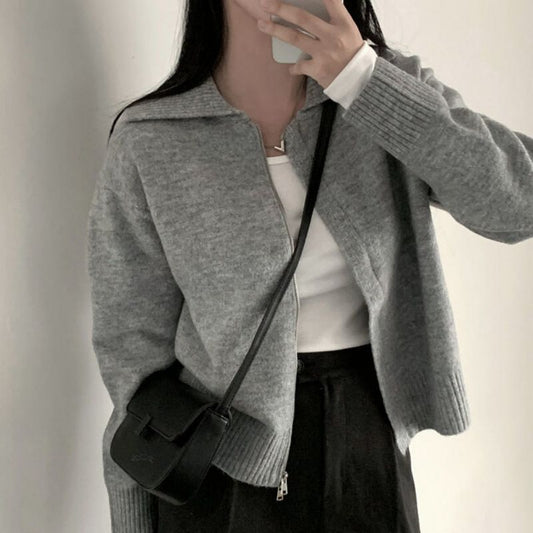 Polo Collar Double-headed Zipper Sweater Cardigan