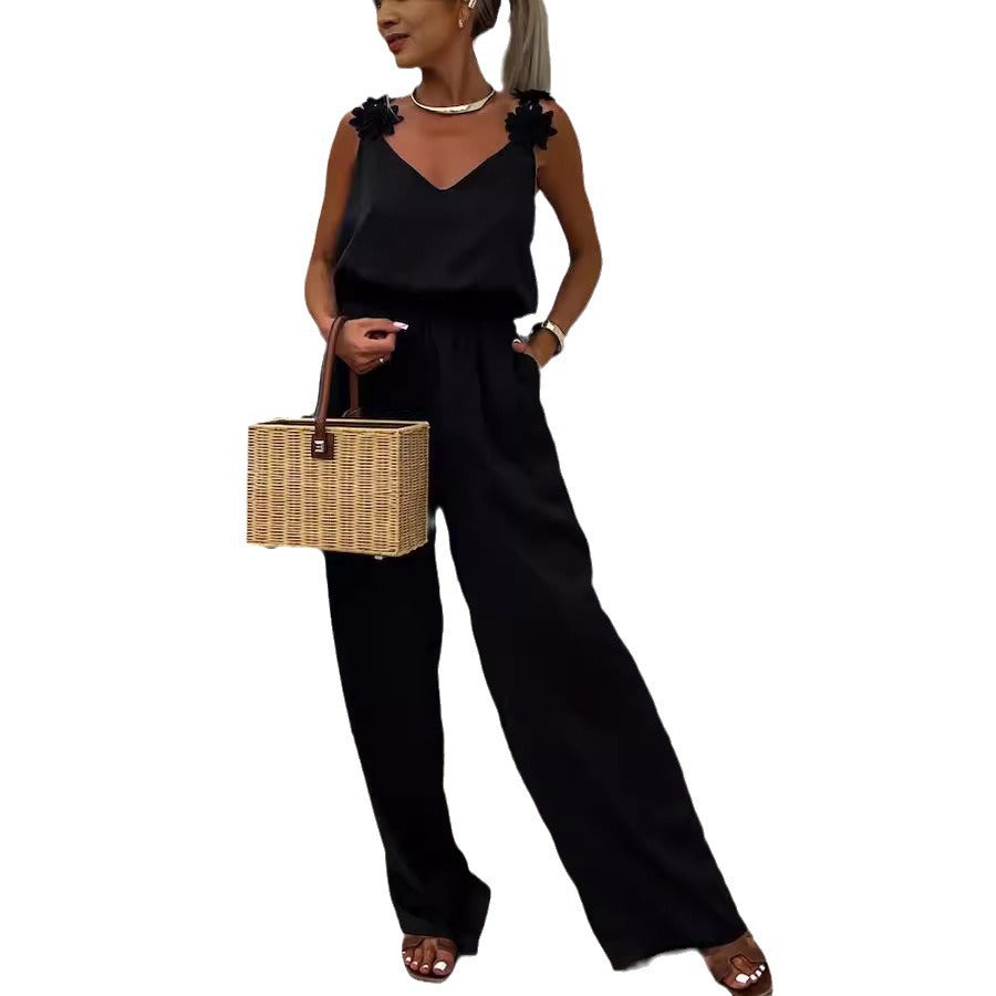 Spring And Summer New Suspender Sleeveless Pocket Jumpsuit Casual Loose