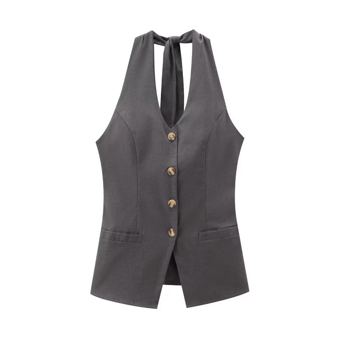 Classic Style Cotton And Linen Halterneck Vest Suit Women's Summer High-grade Trousers
