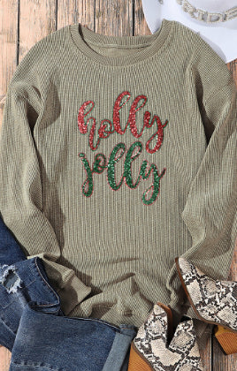 Round-neck Pullover Sequined Printed Loose Long Sleeves Top For Women