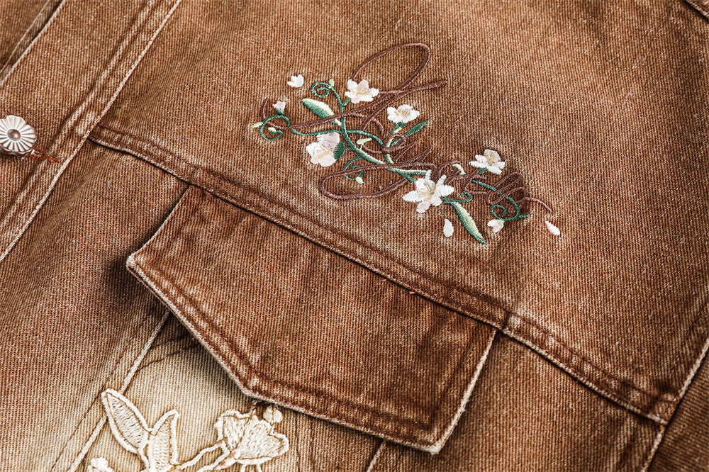 Floral Embroidery Spray Painting Denim Jacket Men Punk