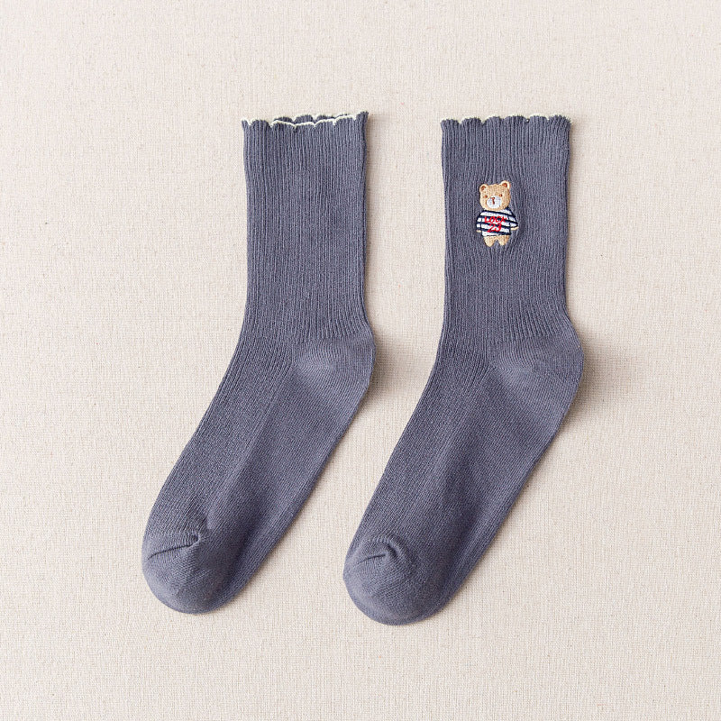 Women's Bear Embroidered Fungus Lace Mid Tube Socks