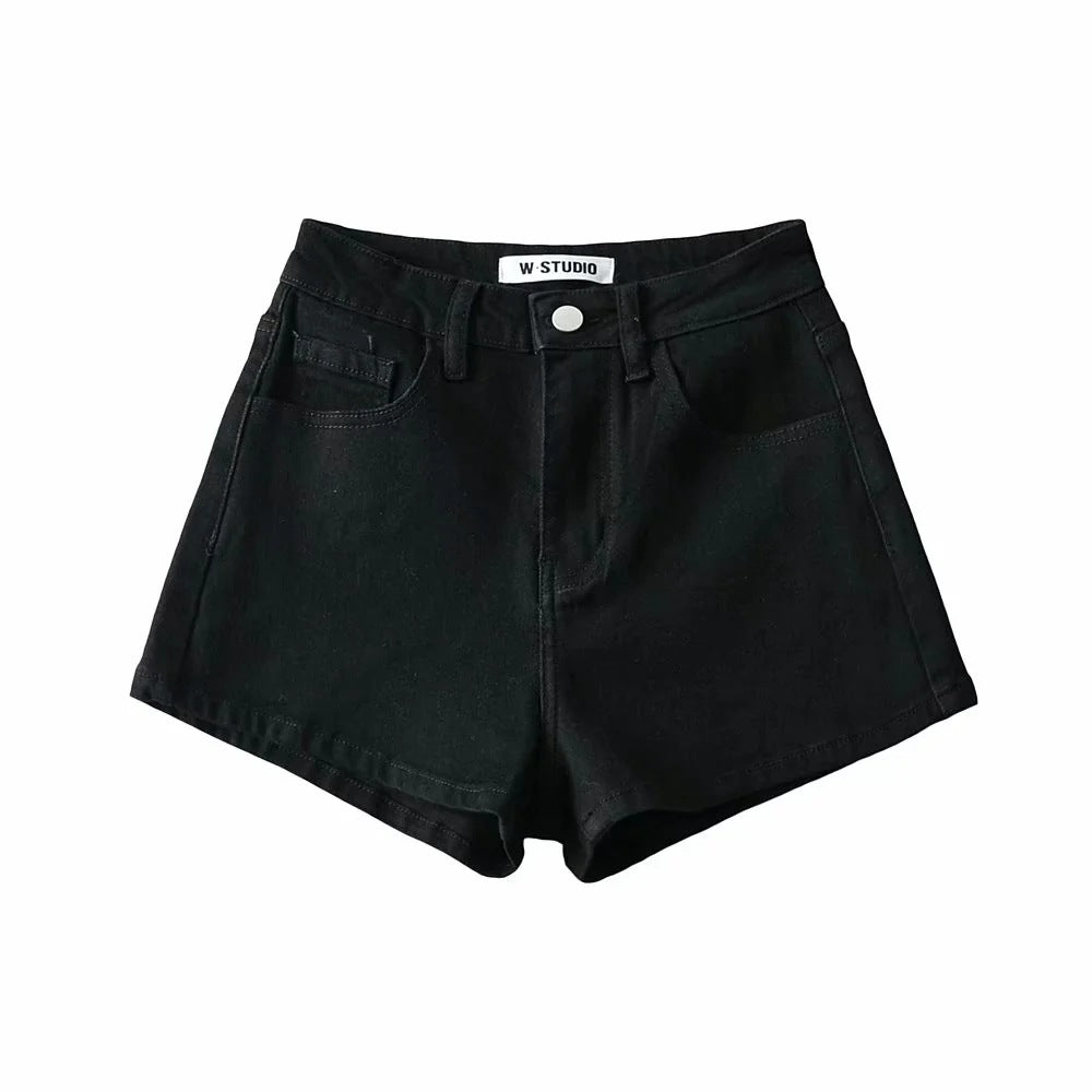 High Waist Leg Length Basic A-Line Stretch Crimped Denim Shorts