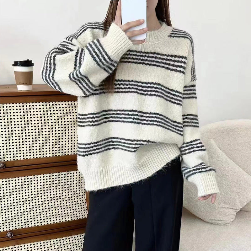 Outer Wear Inner Wear Idle Style Round Neck Long Sleeve Top Stripes