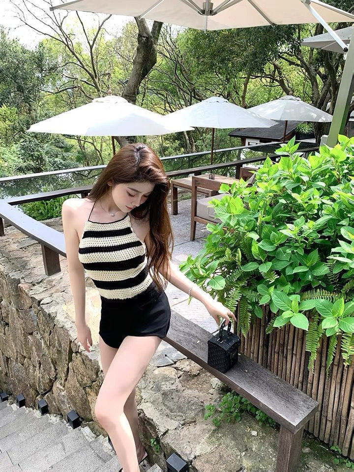 Retro Hot Girl Knitted Camisole Striped Hollow Out