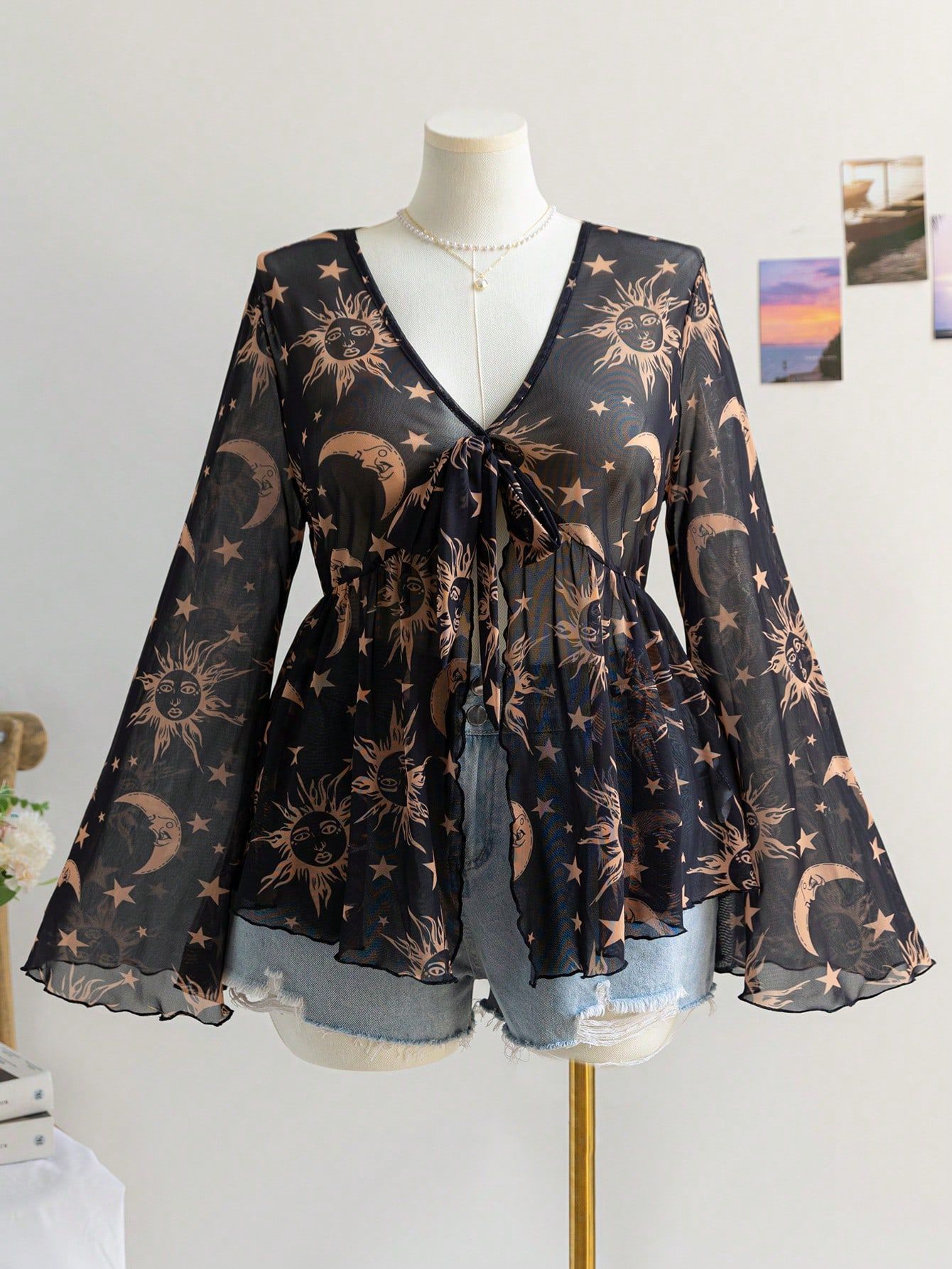 V-hals Mesh Print Ferie Stil Top til Kvinder