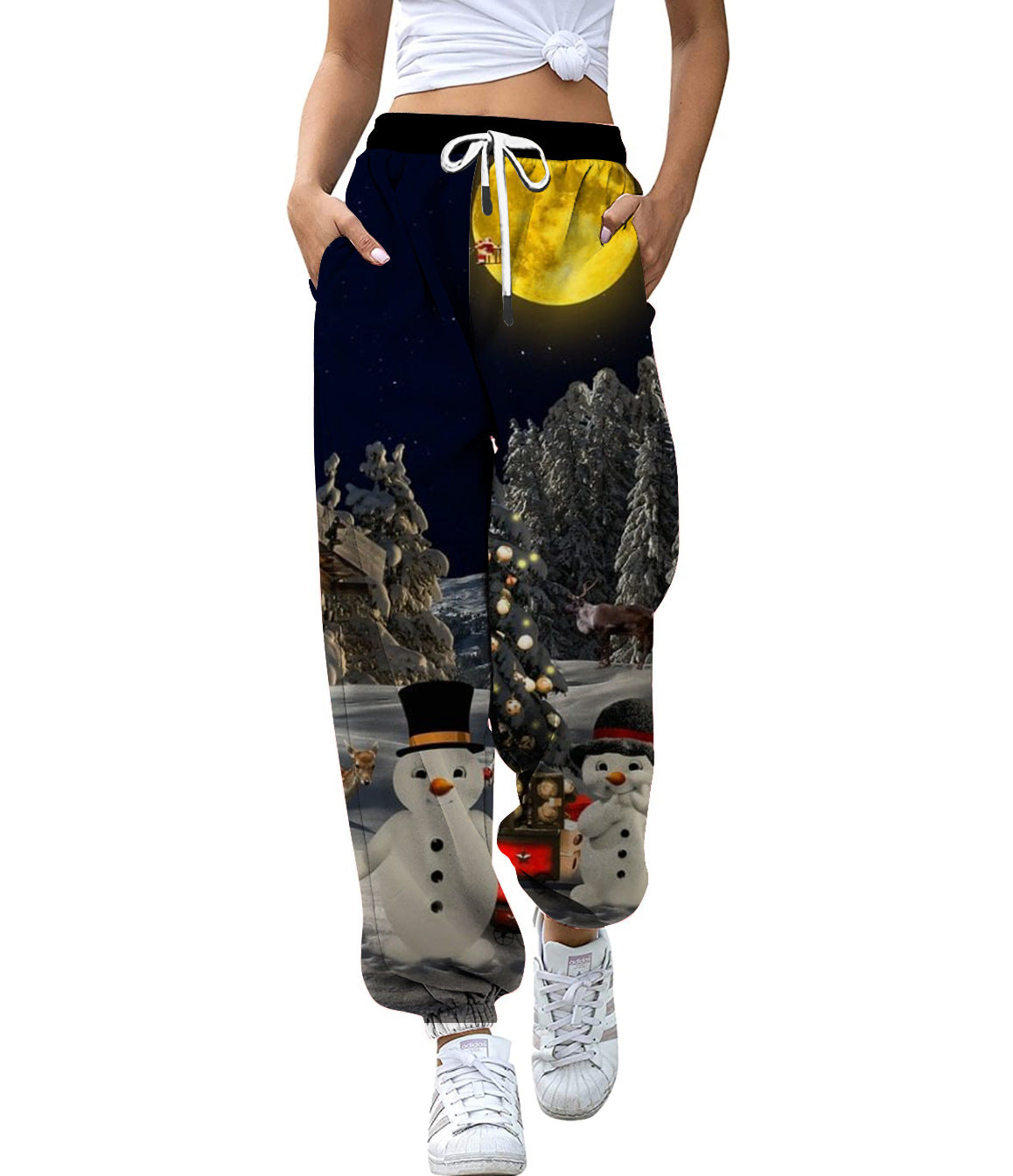 European And American Christmas High Waist Loose 3d Printed Casual Drawstring Women's Sports Casual Pants