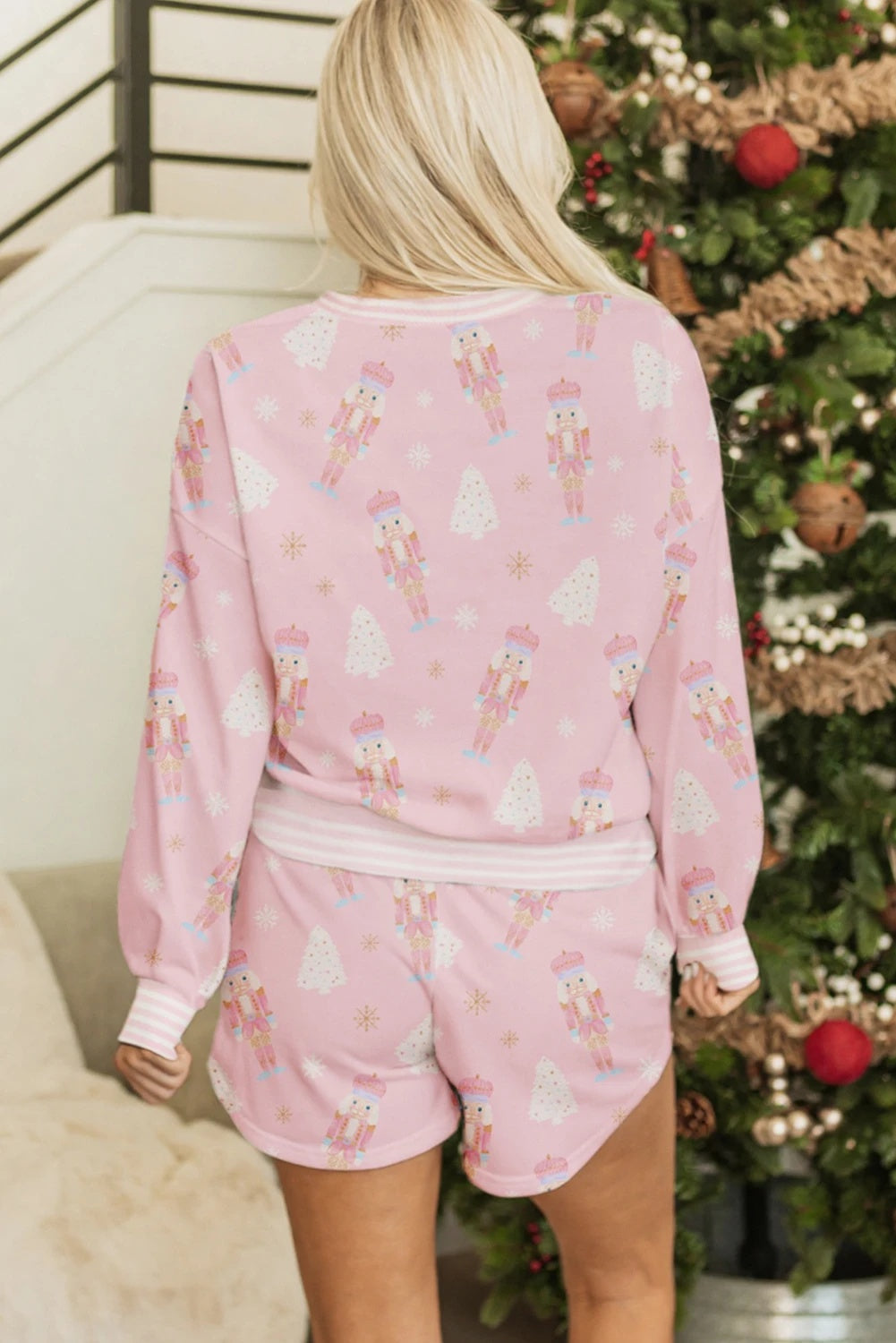 Christmas Tree Print Long Sleeve Top Shorts Set