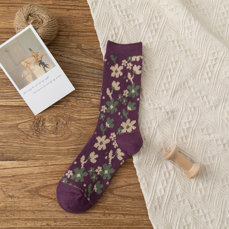 Retro-style Small Floral Ladies' Socks With High Tubes And Piles