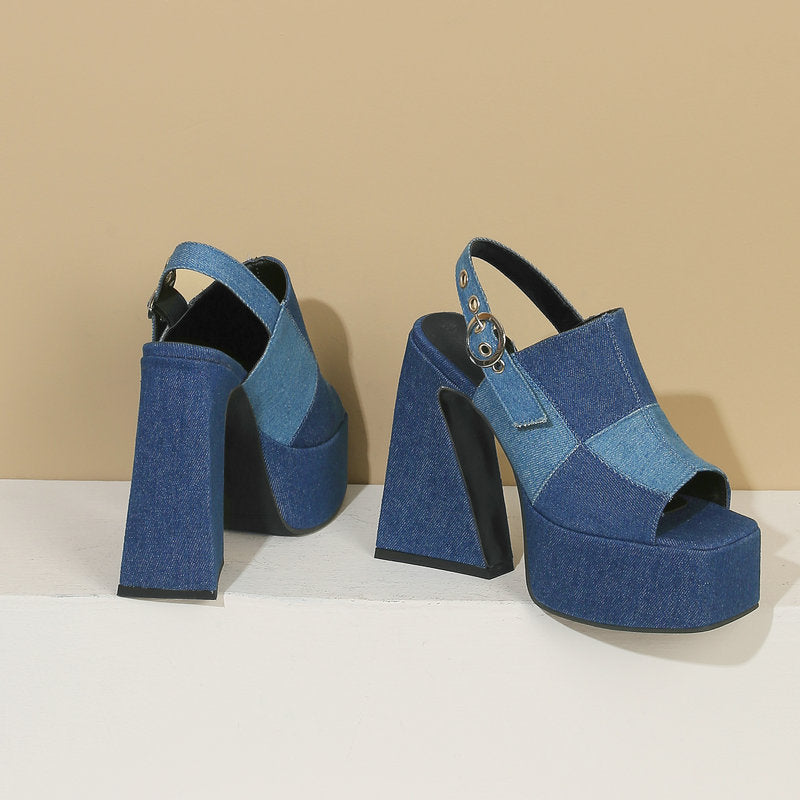 Thick Heel Super High Heel Denim Buckle Strap Peep Toe Sandals