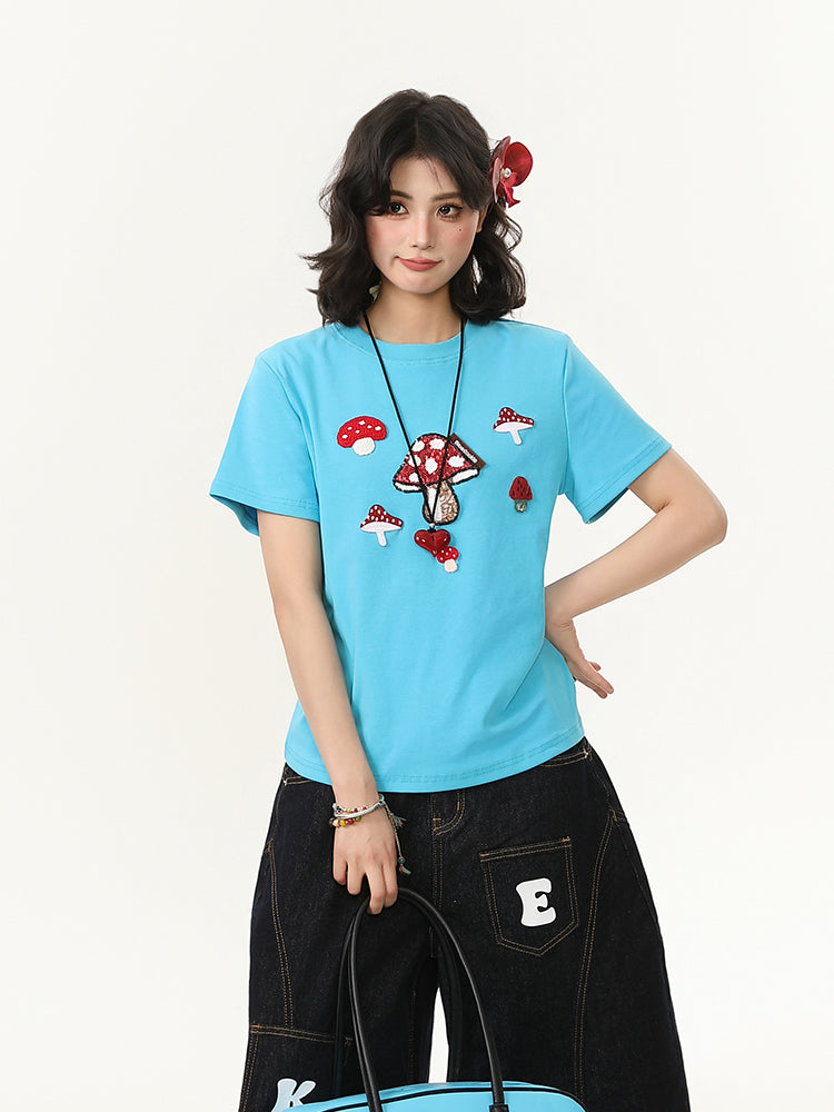 Women's Mushroom Embroidered Crew Neck Shoulder Short-sleeved T-shirt
