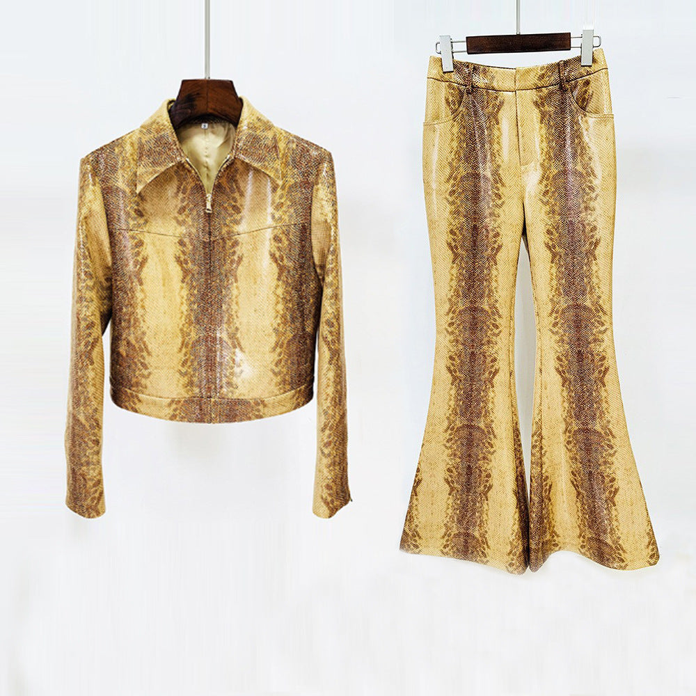 Fashion Snake-print Leather Jacket Coat Flared Pants