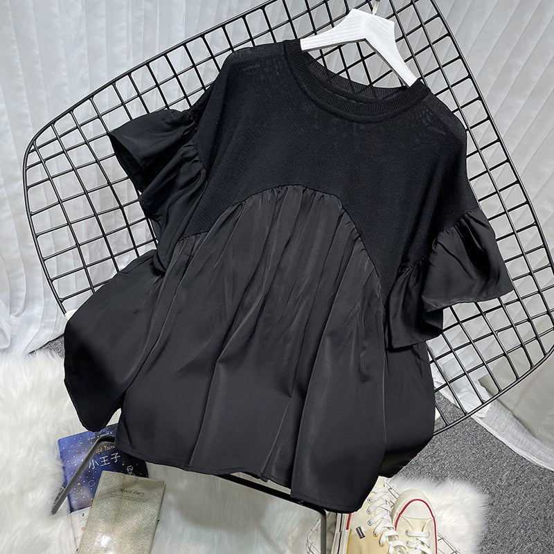 Extra Large Bell Sleeve Chiffon Stitching Ice Silk Knitted Top