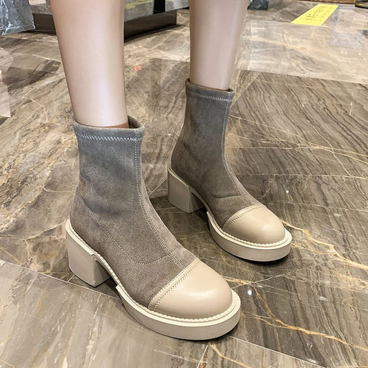 Women Short Boots With Thick Heel Stitching