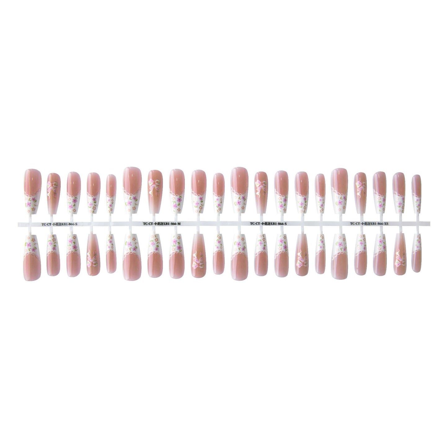 Small Floral Wear Prefabricated Nail Tip Long Ladder Velvet Seal Layer White
