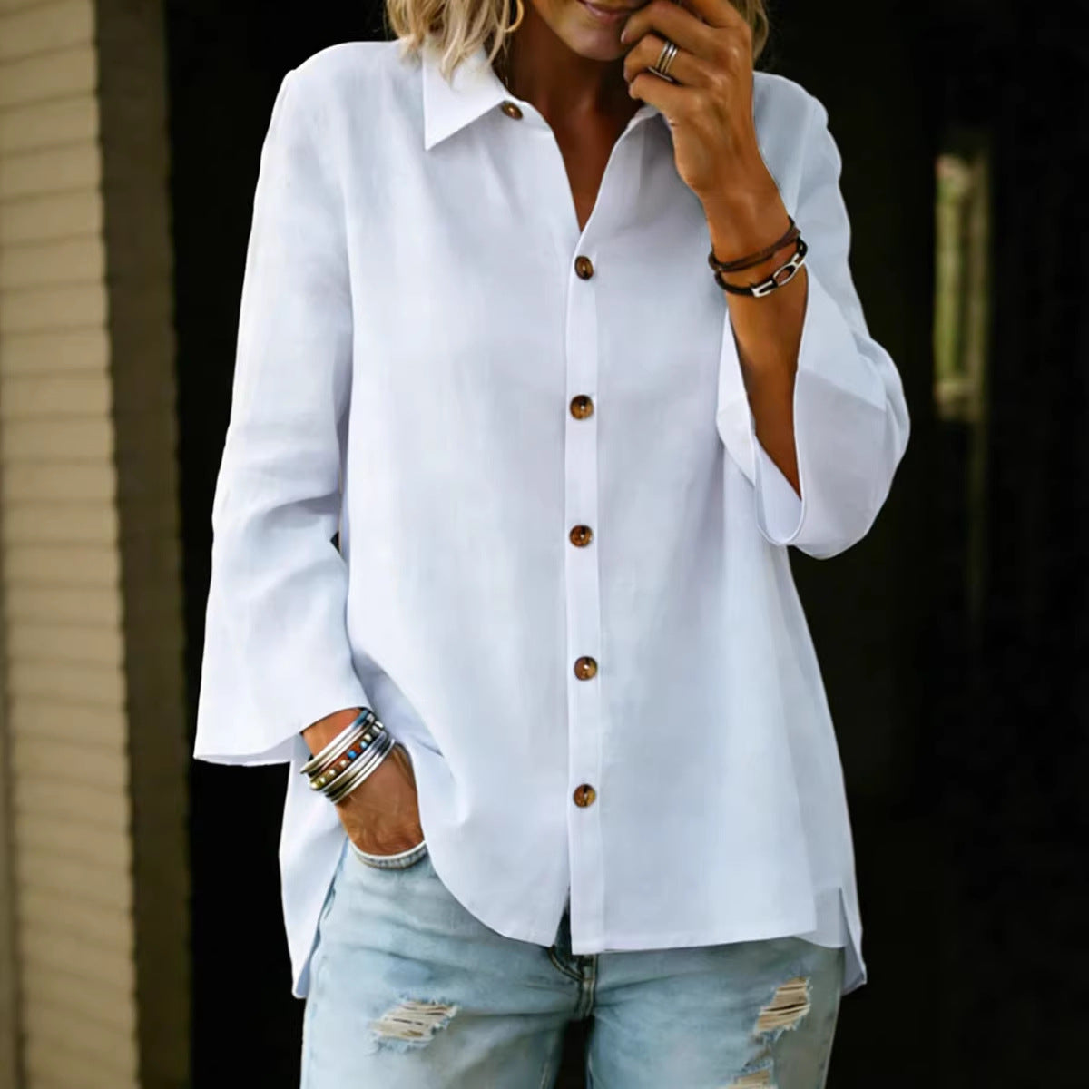 Single-breasted Solid-color Three-quarter-sleeve Womens Blouse