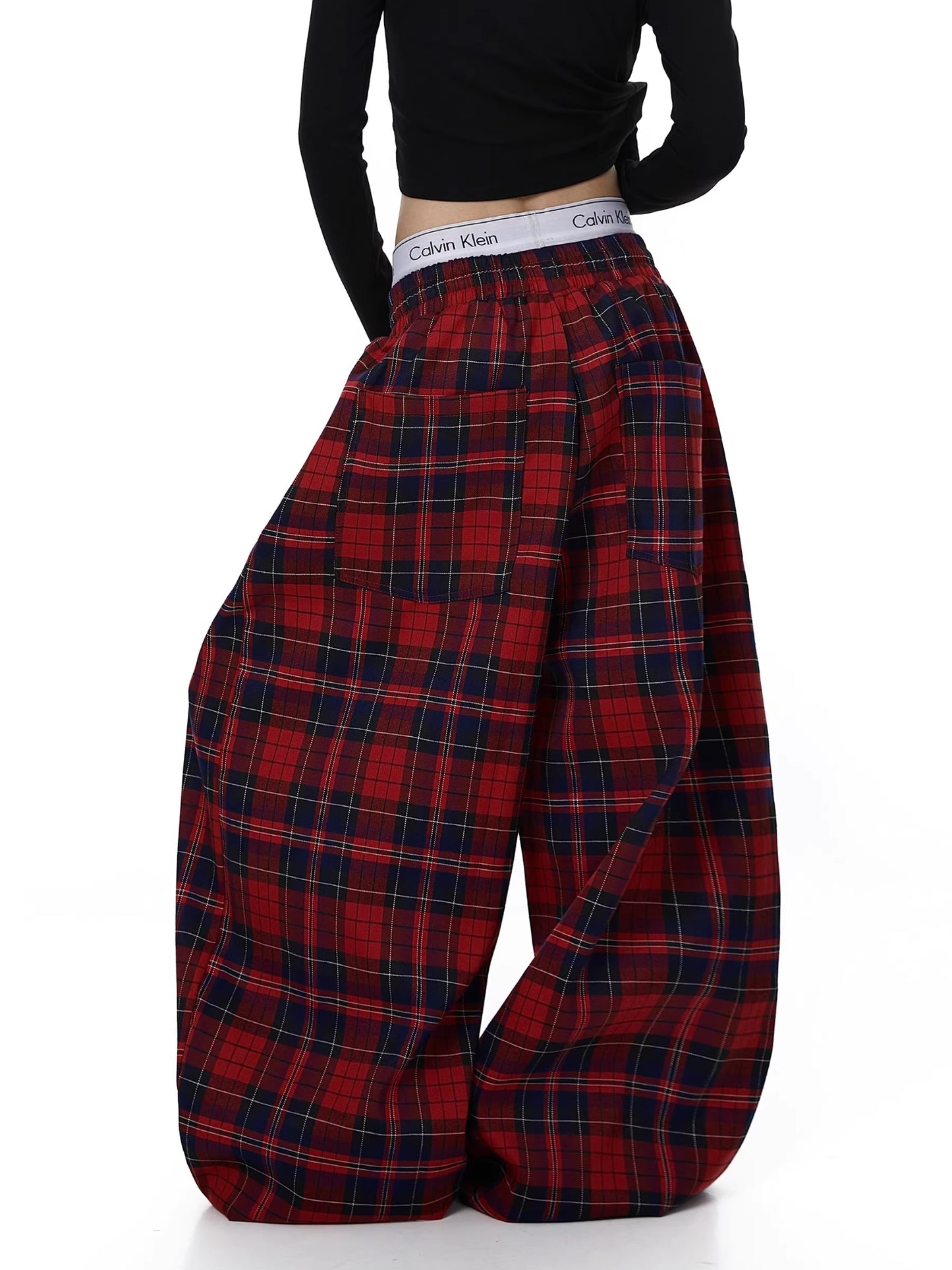 Womens Retro Effortless American-Style Drawstring Red Plaid Pants