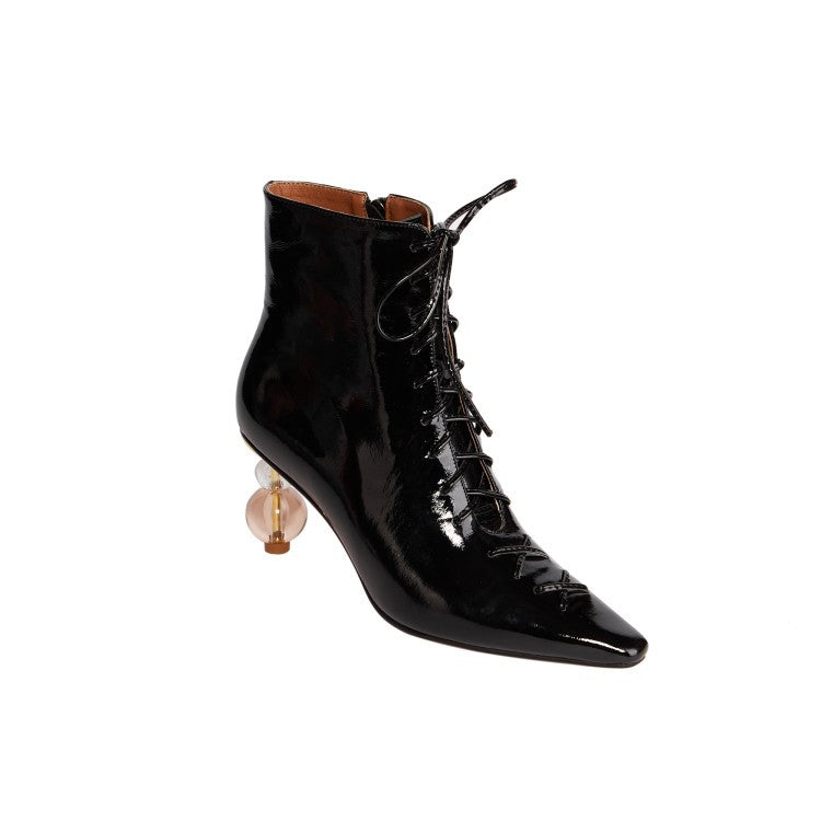 Women's Lace-up Zippered Crystal Heel Leather Martin Boots