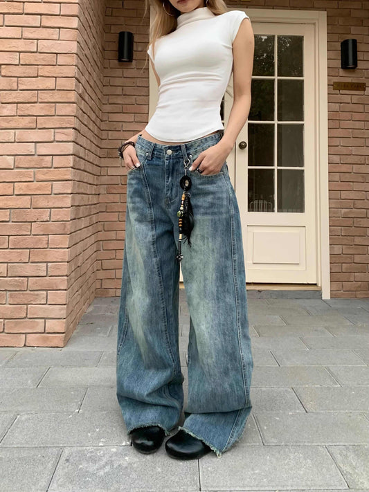 Retro Patchwork Design Wide Leg Jeans Casual Mopping Trousers