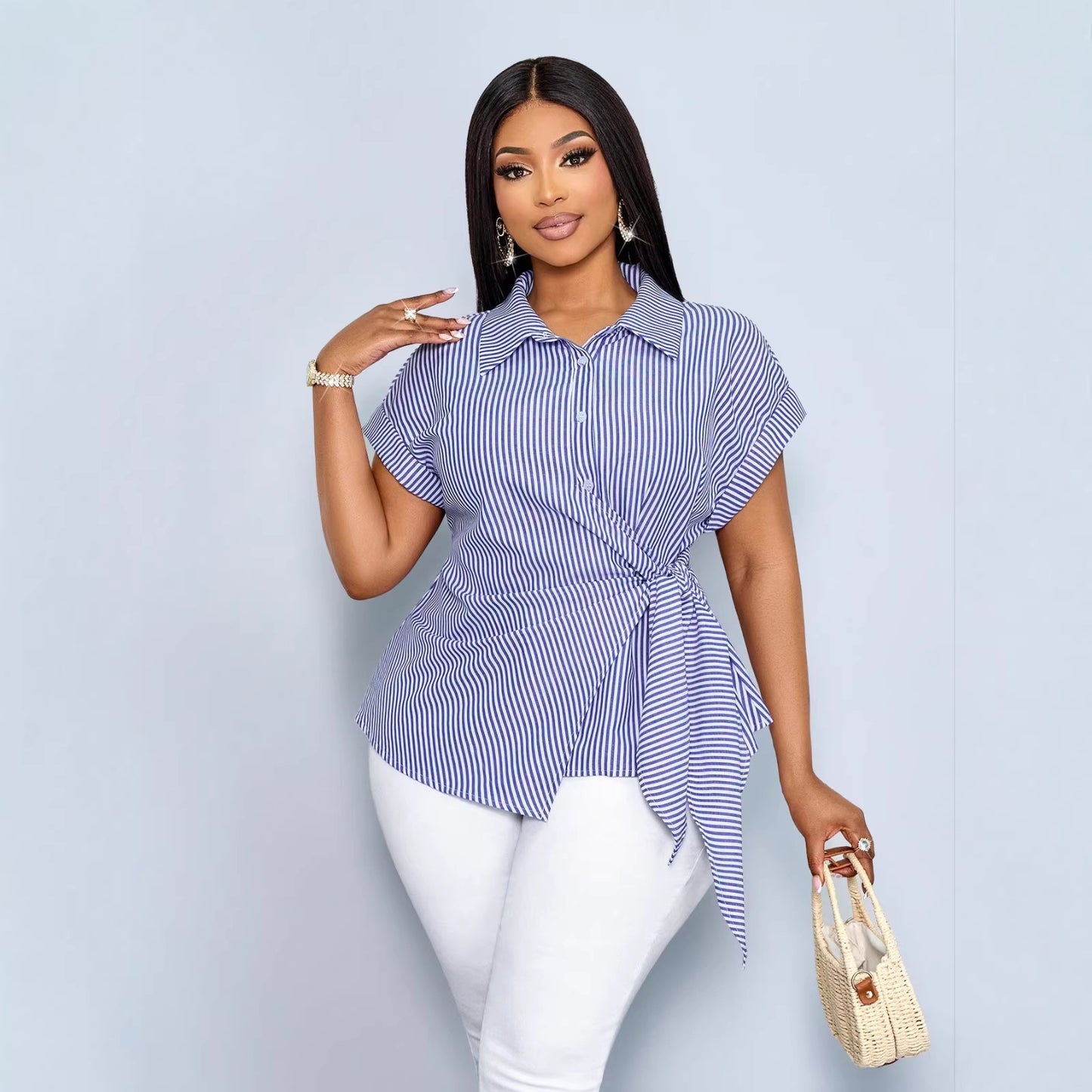 Ny Stribet Løstsiddende Trendy Asymmetrisk Snøre T-shirt