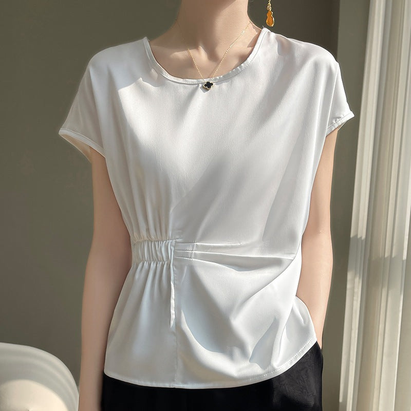 Crew-neck Simple All-match Drawstring Short-length Short-sleeve T-shirt