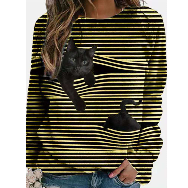 Cartoon Pattern Round Neck Stripe Long Sleeve T-shirt 3D