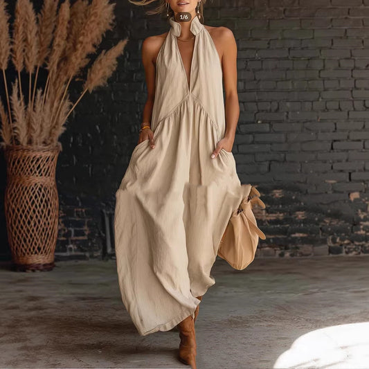 Elegant Resort-Style Mandarin-Collar Cotton-Linen Dress