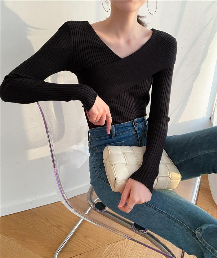 Crossbody Off-the-shoulder V-neck Cross-wire Knitted Sweater