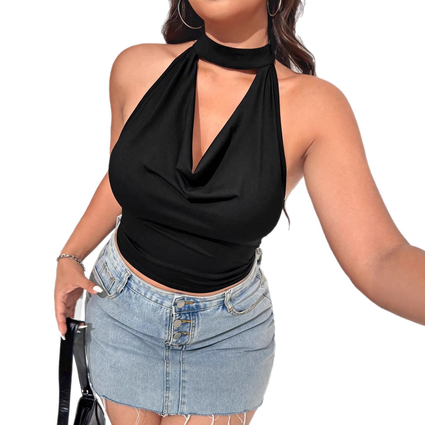 Lace-Print Floral Sleeveless V-Neck Hollow-Out Loose T-Shirt
