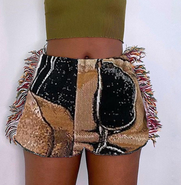 Trykt taske med kvast, hip, etnisk stil, shorts i tweed til hverdag
