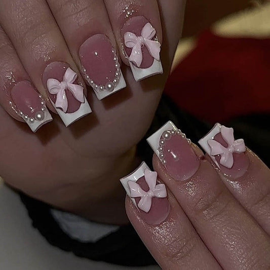 Fashion Short White French Cute Bow Manicure