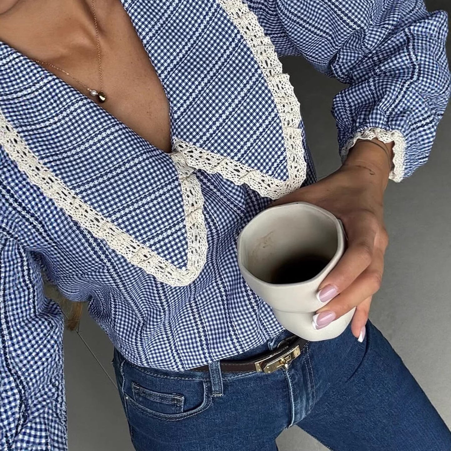 Loose Fitting Long Sleeve Shirt With Blue Plaid Lace Panels
