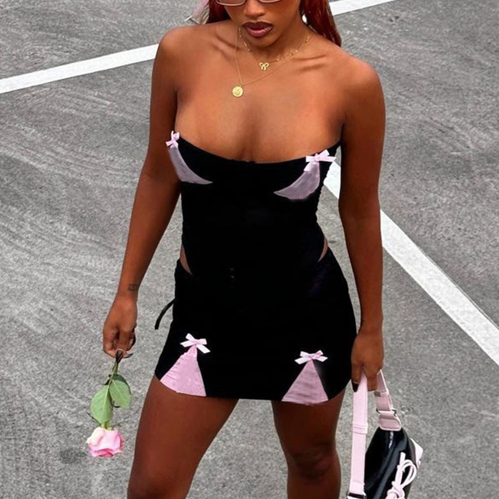 New Color-blocked Bow Backless Bustier Dress Set