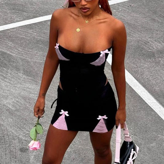 New Color-blocked Bow Backless Bustier Dress Set