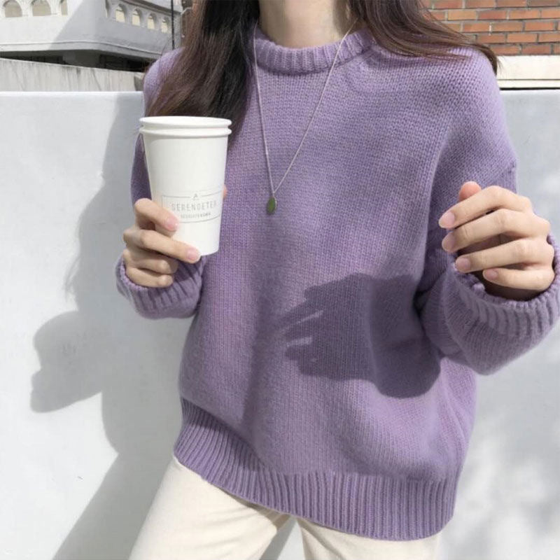 Solid-color Knitted Pullover Sweater For Women Korean Style Autumn Winter