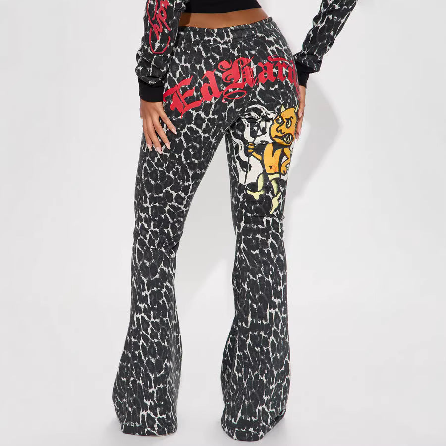 Womens Casual Hooded Set Flared Pants With Leopard Print And A Matching Top