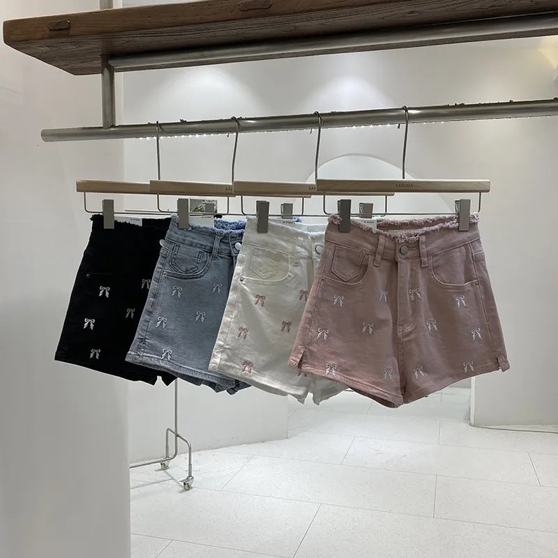Slim Fit Burrs High Waist Denim Hot Pants Women's Summer Wide Leg Shorts