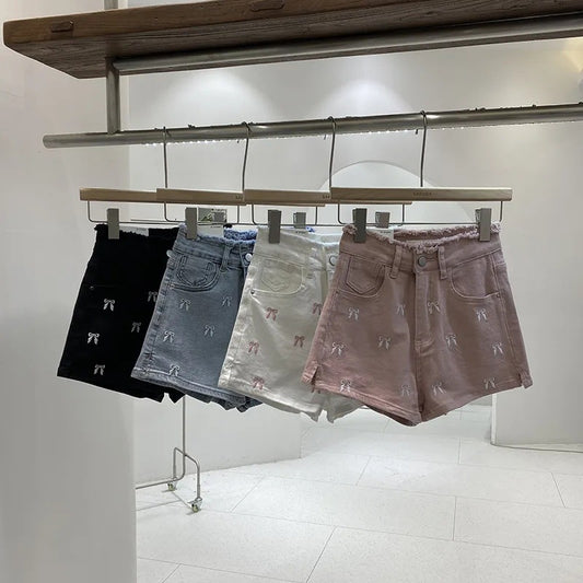 Slim Fit Burrs High Waist Denim Hot Pants Women's Summer Wide Leg Shorts