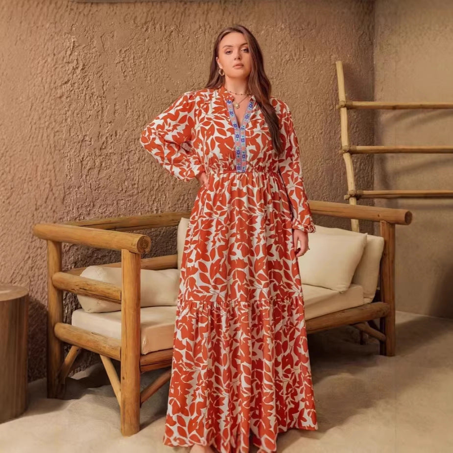 Printed V-neck Long-sleeve Womens Dress