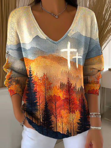Womens Ribbed V-neck Three-quarter-sleeve Loose-fit T-shirt