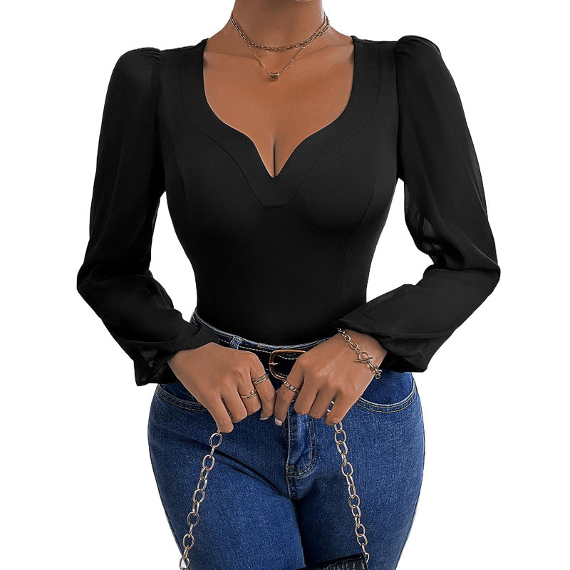 Mesh-jumpsuit til damer med V-udskæring og patchwork
