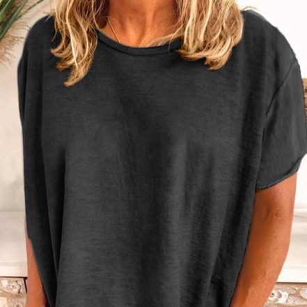 Round Neck Solid Color T-shirt Loose All-match Short Sleeve Women's Top